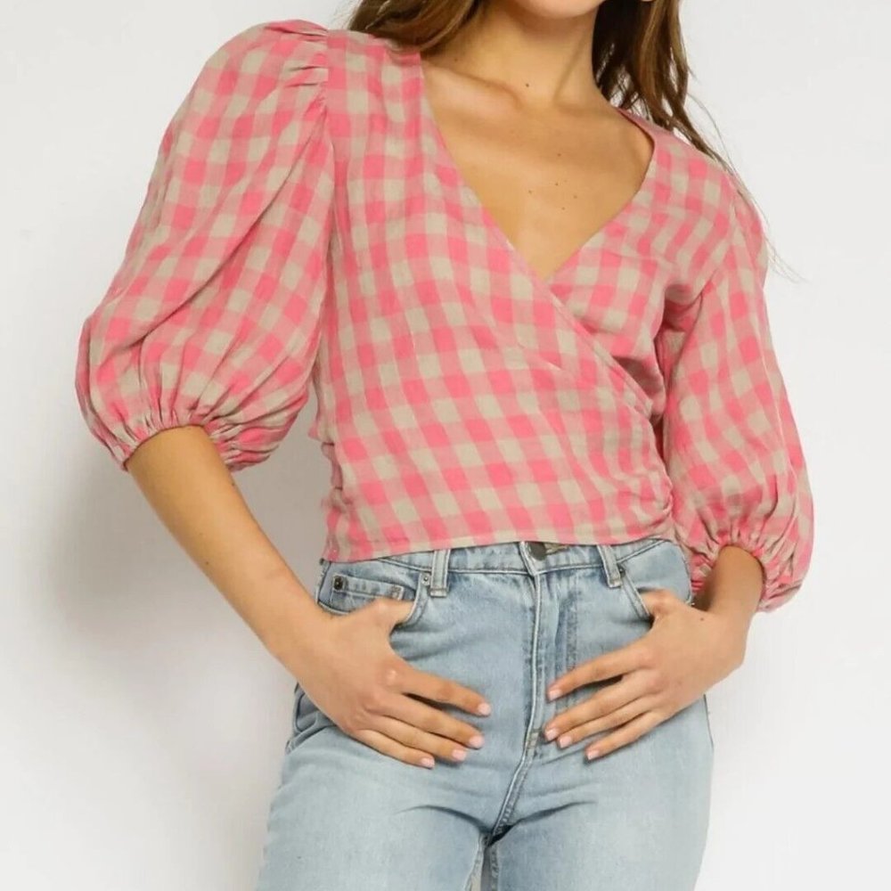 💖 Olivaceous Pink Gingham‎ Wrap Blouse